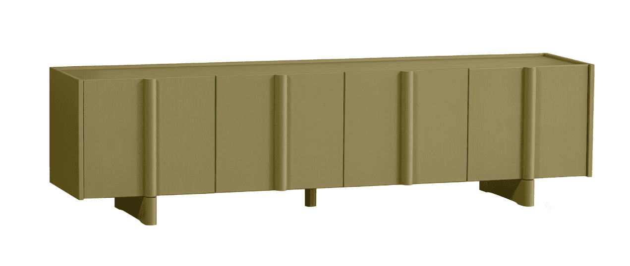 A long, low-profile credenza featuring a monochromatic olive-green finish. It has four cabinet doors with vertical ribbed detailing, subtly integrated handles, and is supported by a combination of flared end feet and central cylindrical legs. — 3D model