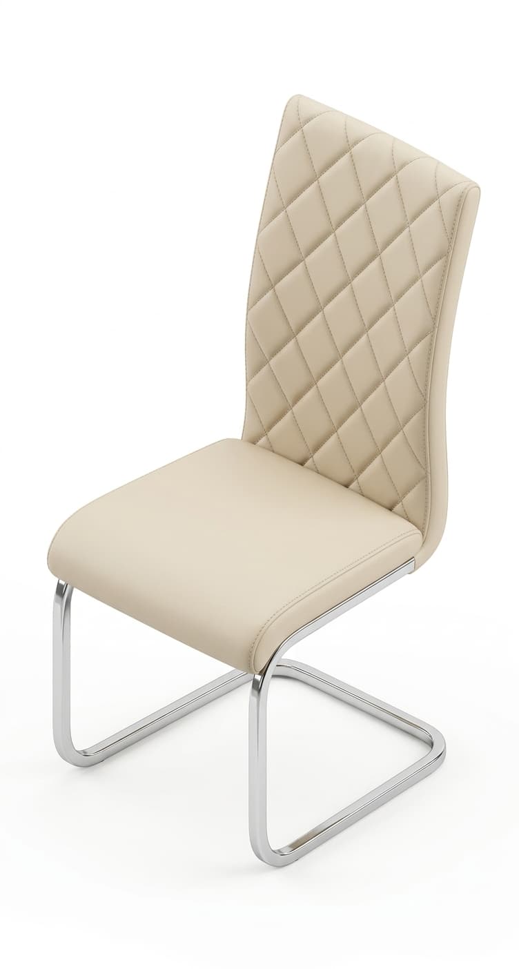 An armless modern dining chair featuring a padded seat and backrest upholstered in a light cream faux leather. The backrest is distinguished by a diamond-quilted pattern. The chair is supported by a C-shaped cantilever base crafted from polished chrome-plated tubular metal, giving it a sleek and contemporary profile. — 3D model