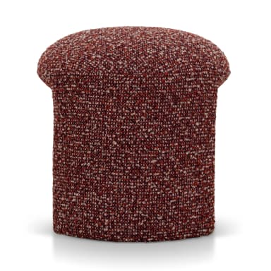 A U-shaped stool upholstered in a textured, multi-colored fabric. The stool has a rounded top and two cylindrical legs connected by a central arch, forming an open space in the middle. The upholstery features a mix of deep red, white, and light brown fibers, creating a speckled appearance. — 3D model