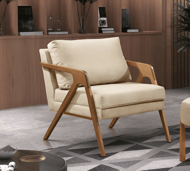 A modern armchair featuring a light-colored upholstered seat and back cushions, supported by an exposed wooden frame with integrated armrests and tapered legs. — 3D model