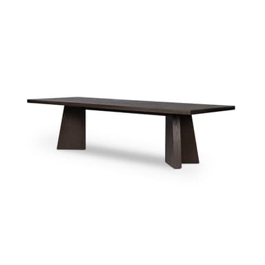 A rectangular dining table crafted from dark-stained wood, featuring a thick tabletop supported by two robust, trapezoidal pedestal bases. The design is contemporary and minimalist. — 3D model