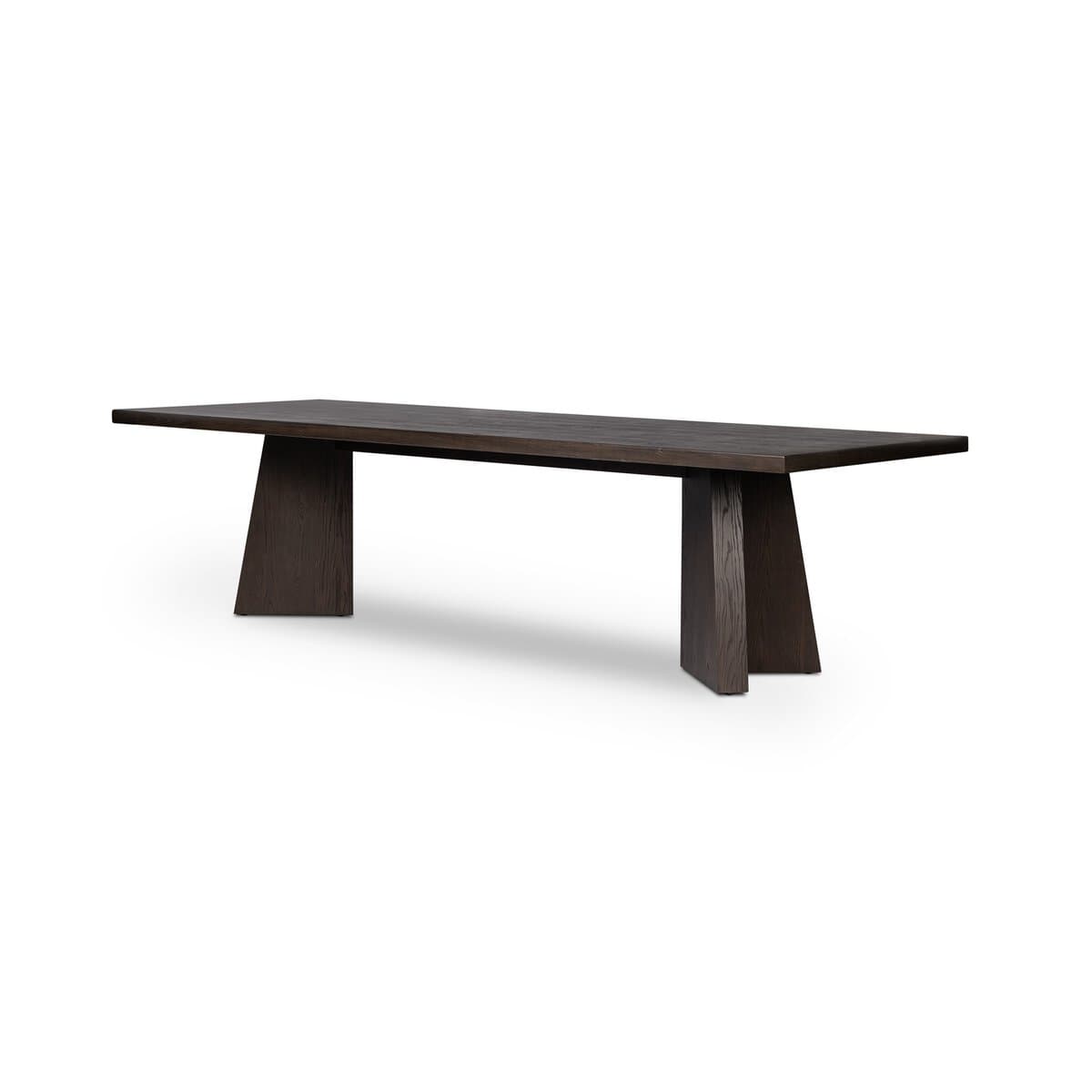 A rectangular dining table crafted from dark-stained wood, featuring a thick tabletop supported by two robust, trapezoidal pedestal bases. The design is contemporary and minimalist. — 3D model