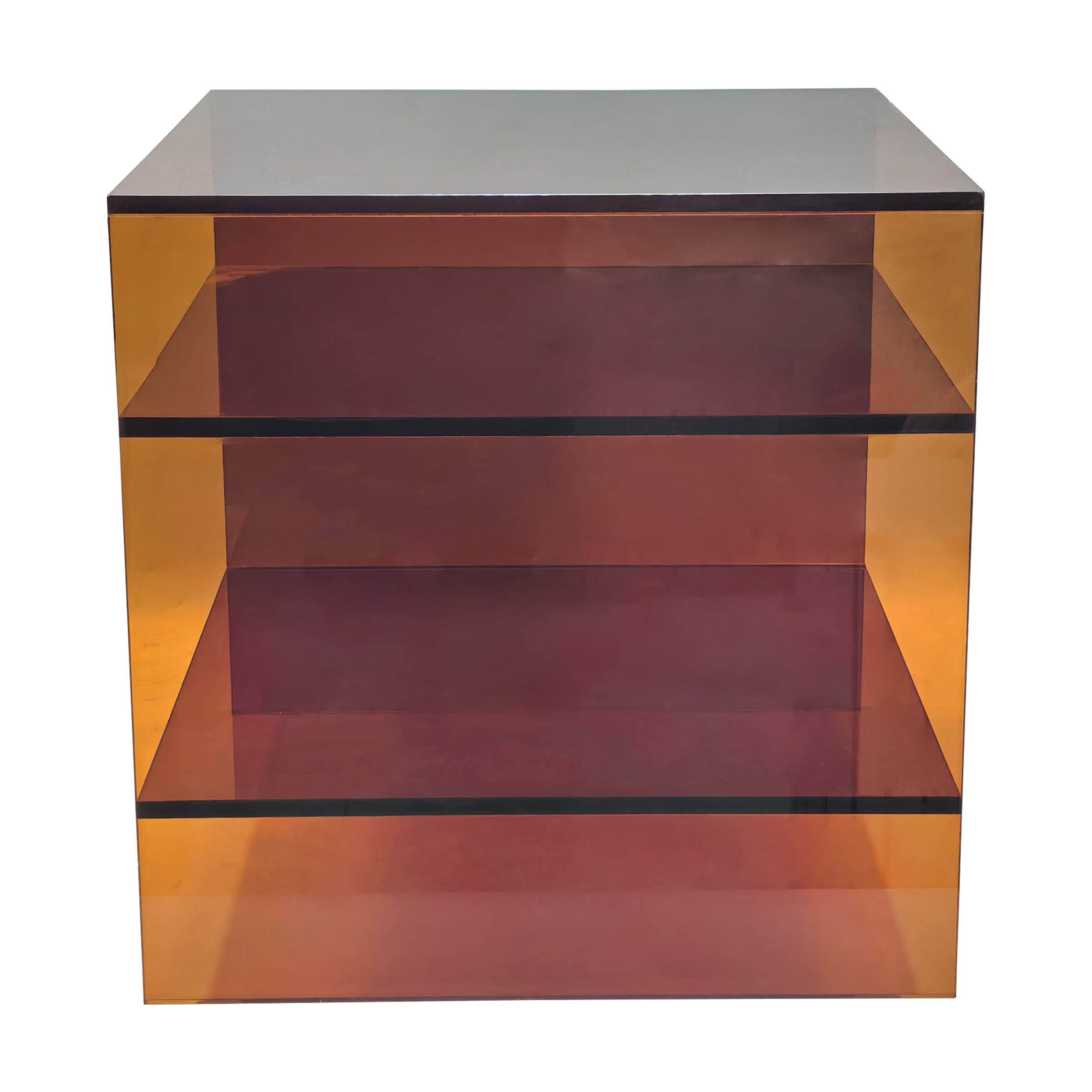 A square, cube-shaped open shelving unit constructed from translucent acrylic. It features a three-tier design with a visually striking ombre color gradient that transitions from a vibrant amber or yellow-orange at the top and edges to a deeper reddish-brown or burgundy towards the bottom and center, creating a dynamic visual effect. The top surface appears as a darker, smoky tone. The minimalist form factor allows for versatile display and storage. — 3D model