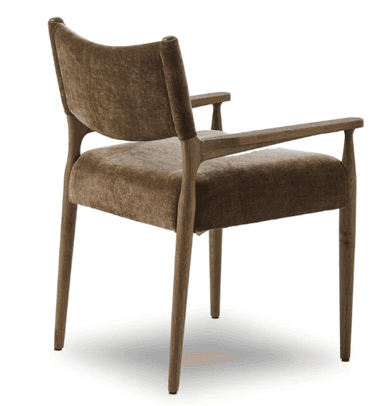 An upholstered armchair featuring a dark wooden frame and rich brown, textured fabric on the seat and backrest. The chair has integrated wooden arms and four slightly splayed, tapered legs. The backrest is gently curved, suggesting a comfortable seating experience. — 3D model
