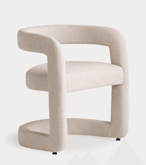 A modern accent chair with a curved, sculptural design. It features a fully upholstered frame with integrated armrests that flow into the base, creating a continuous, rounded silhouette. The seat is upholstered and appears to be moderately padded. The chair rests on small, black, circular feet. — 3D model