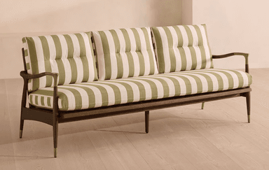 A contemporary three-seater sofa featuring a distinctive exposed dark wood frame, light olive green and off-white striped upholstery, and brass accents. The sofa has a linear silhouette with subtly curved wooden armrests, button-tufted back cushions, and tapered legs tipped with brass ferrules. — 3D model