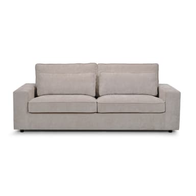 A modern three-seater sofa featuring a clean, rectilinear design upholstered in a light beige or taupe textured fabric. The sofa has thick, straight block arms and two large loose back cushions, suggesting a comfortable seating experience. Small, recessed black feet provide minimal elevation from the floor. — 3D model