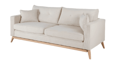 A contemporary two-seater sofa featuring a clean-lined profile, upholstered in a ribbed, cream-colored fabric, and supported by a light-toned wooden frame and tapered legs. It includes two loose seat cushions, two loose back cushions, and two matching accent pillows. — 3D model
