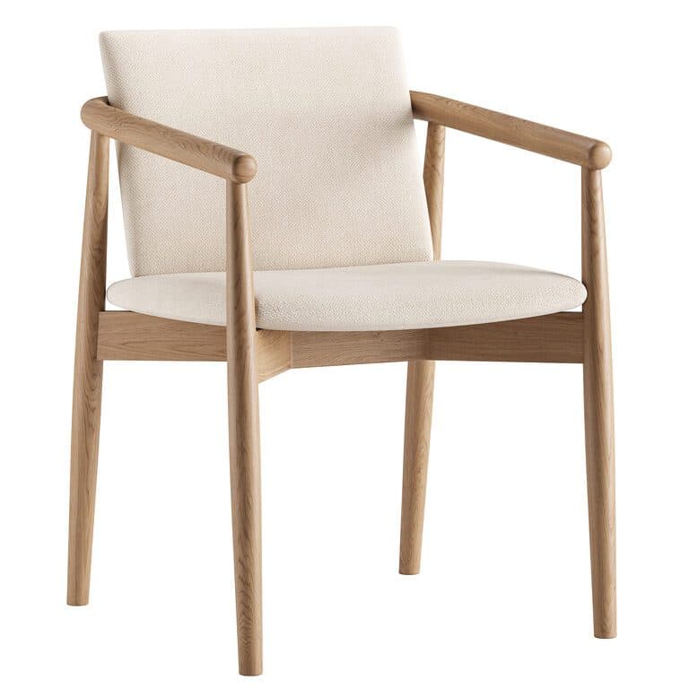A modern armchair featuring a light oak wood frame and upholstered seat and back in a light, textured fabric. The design includes rounded armrests and tapered legs, indicative of a contemporary or Scandinavian style. — 3D model