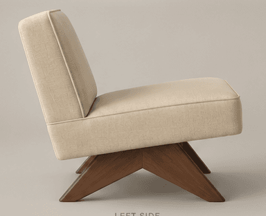 A contemporary armless lounge chair with a low-slung profile, upholstered in a light beige or cream fabric. The chair features a distinct angled wooden base with a dark brown finish. The backrest and seat cushions are plump, with visible piping along the edges, suggesting a clean, tailored appearance. The overall design emphasizes comfort and a minimalist aesthetic. — 3D model
