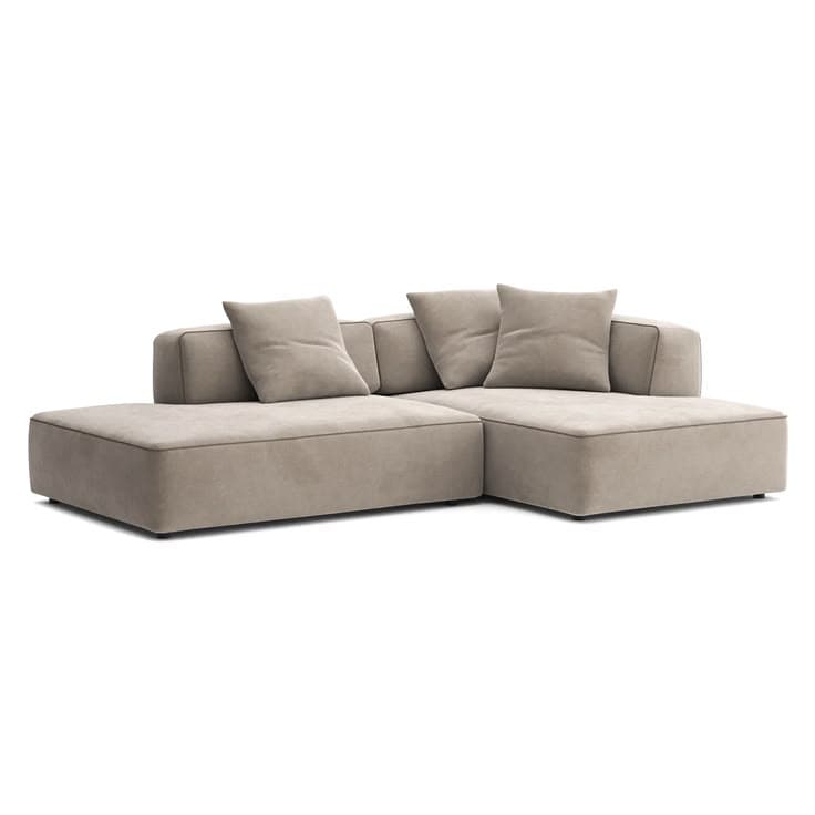 An L-shaped, modular sectional sofa with a low profile, upholstered in a light beige or greige fabric. It features clean lines, thick seat cushions, and multiple back cushions for comfort, creating a modern, minimalist aesthetic. — 3D model