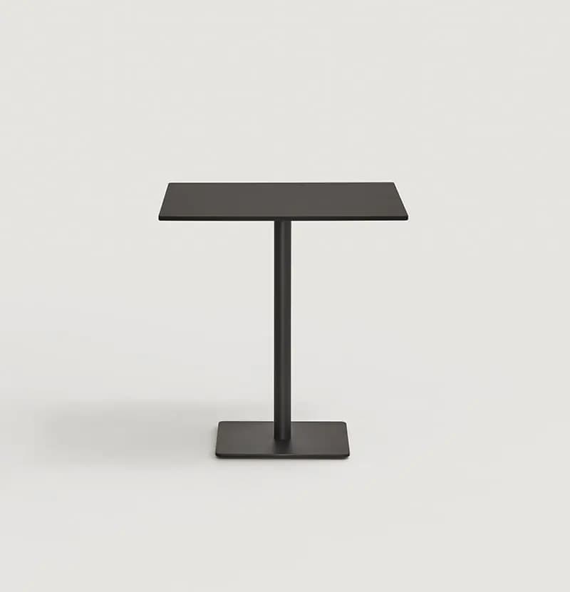 A modern minimalist accent table featuring a square tabletop, a slender central pedestal, and a flat rectangular base. The entire structure is finished in a uniform matte black. — 3D model