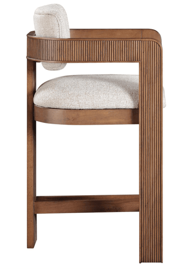 A contemporary counter stool featuring a medium brown wooden frame with integrated armrests, a rectangular upholstered backrest, and a padded upholstered seat. A wooden footrest is integrated into the front support structure. — 3D model