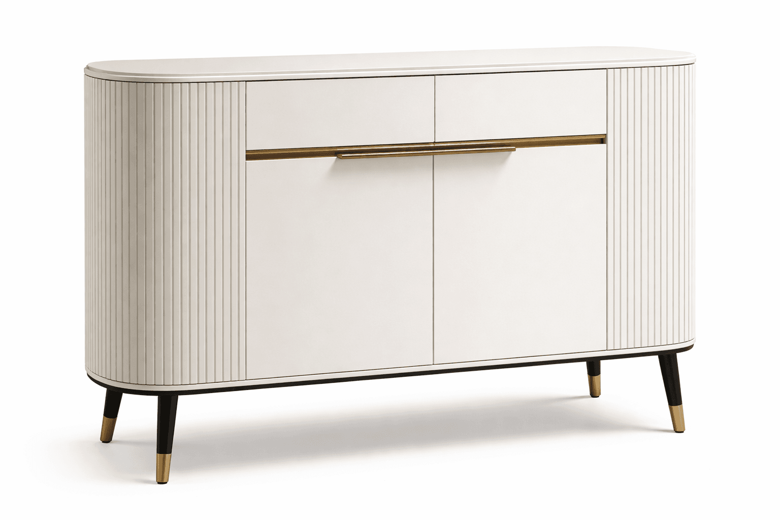 A modern sideboard with a rounded, curved design. It features two front doors and two drawers across the top, all in a matte white finish. The sides and front edges of the doors have vertical fluting. The hardware consists of a single horizontal brass-colored pull bar. It stands on four tapered legs that are black with brass accents at the feet. — 3D model