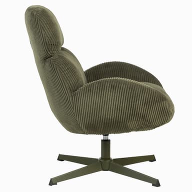 An olive green lounge chair featuring thick corduroy upholstery and a swivel five-star metal base. The chair has a high backrest and integrated armrests, providing a comfortable and modern seating solution. — 3D model