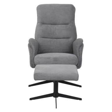 A modern grey corduroy reclining lounge chair with a matching ottoman, both featuring a black four-star swivel base. The chair has a high back with segmented padding for lumbar support and integrated padded armrests. The corduroy fabric has a visible ribbed texture, and the overall design emphasizes comfort and relaxation. — 3D model