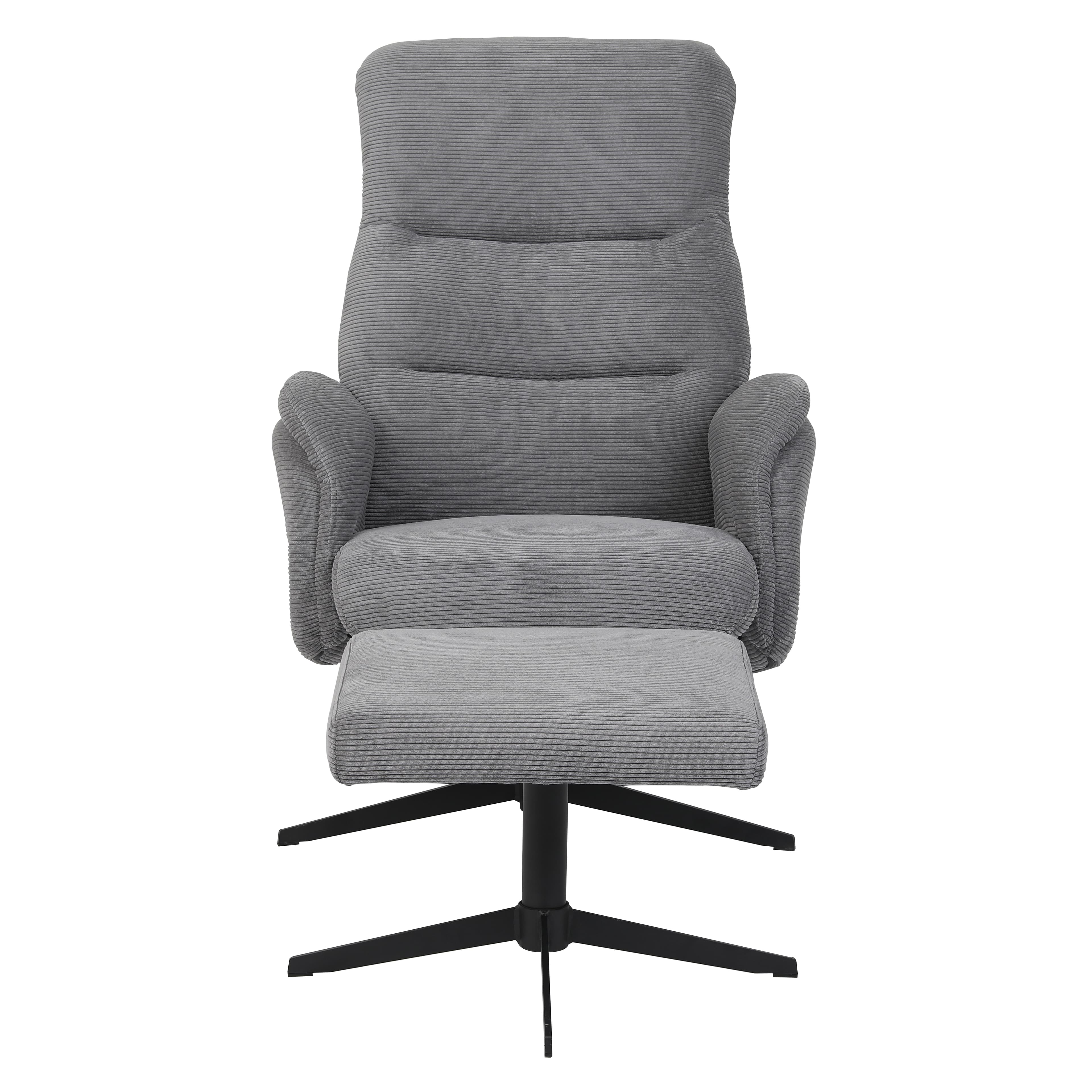 A modern grey corduroy reclining lounge chair with a matching ottoman, both featuring a black four-star swivel base. The chair has a high back with segmented padding for lumbar support and integrated padded armrests. The corduroy fabric has a visible ribbed texture, and the overall design emphasizes comfort and relaxation. — 3D model