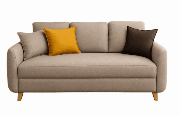 A modern three-seater sofa upholstered in a light beige or taupe fabric, featuring a minimalist design. It has gently rounded arms, three loose back cushions, and what appears to be a single, long seat cushion. The sofa is supported by four short, tapered wooden legs that are light in color. It is accessorized with one light beige, one mustard yellow, and one dark brown throw pillow. — 3D model