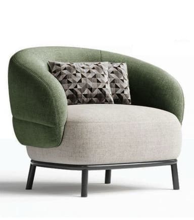 A contemporary armchair featuring a rounded, enveloping silhouette with two-tone fabric upholstery. The outer back and arms are upholstered in a textured green fabric, while the inner seat cushion and front of the armrests are in a lighter, smooth grey. The chair is supported by a black-finished metal frame that forms the base and legs. Two small throw pillows with a geometric pattern rest against the backrest. — 3D model