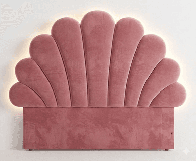 A pink velvet headboard with a scalloped, fan-like design. The edges of the fan shapes are illuminated with a soft light. The headboard has a rectangular base with padded, vertical tufting. — 3D model