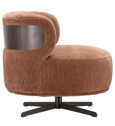 An upholstered barrel-shaped swivel chair featuring a textured rust-colored fabric and a black metal four-star swivel base. The chair has a rounded back with subtle vertical channel tufting and a deep, comfortable seat. — 3D model