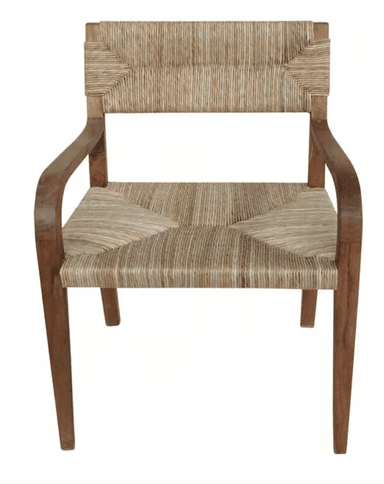 A wooden armchair with a woven seat and backrest. The frame is constructed from dark brown wood, exhibiting a natural grain pattern. The seat and back are made of tightly woven natural fibers, likely rush or seagrass, in a light beige to tan color. The armrests are curved and flow smoothly from the back supports to the front legs. The legs are straight and taper slightly towards the bottom. — 3D model