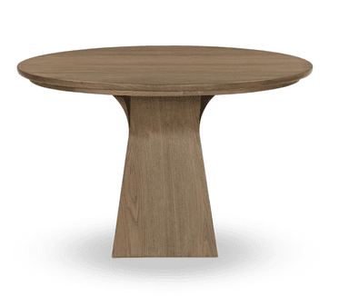 A round dining table with a pedestal base. The tabletop is circular and appears to have a slight lip or edge detail. The base is a single, solid column that flares outwards towards the bottom, forming a stable pedestal. The entire piece is constructed from wood with a visible grain pattern. — 3D model