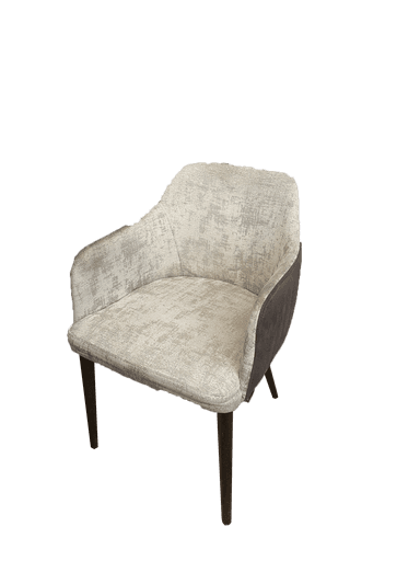 An upholstered armchair featuring a contemporary design with a two-tone fabric scheme. The interior seat, back, and armrests are covered in a light, textured fabric, while the exterior back and side panels are in a contrasting dark grey or brown fabric. The chair stands on four dark, tapered wooden legs, and the back is gently curved, flowing into integrated armrests. The design appears modern and refined. — 3D model