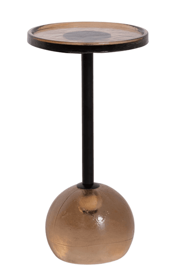 A modern outdoor side table featuring a round, shallow tray-style top, a slender cylindrical pedestal, and a distinctive spherical base. The table is dark in color, likely black or dark gray, with the spherical base appearing to be made of a reflective material such as dark glass or polished plastic. A glass of water with lime slices rests on the tabletop, suggesting its function as a drinks table. The table stands on a paved outdoor surface, next to what appears to be an outdoor lounge chair or sofa. — 3D model