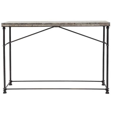 A long and narrow console table featuring a grey speckled stone top and a slender, dark metal, likely iron, frame with minimalist cross-bracing and subtle decorative feet. — 3D model