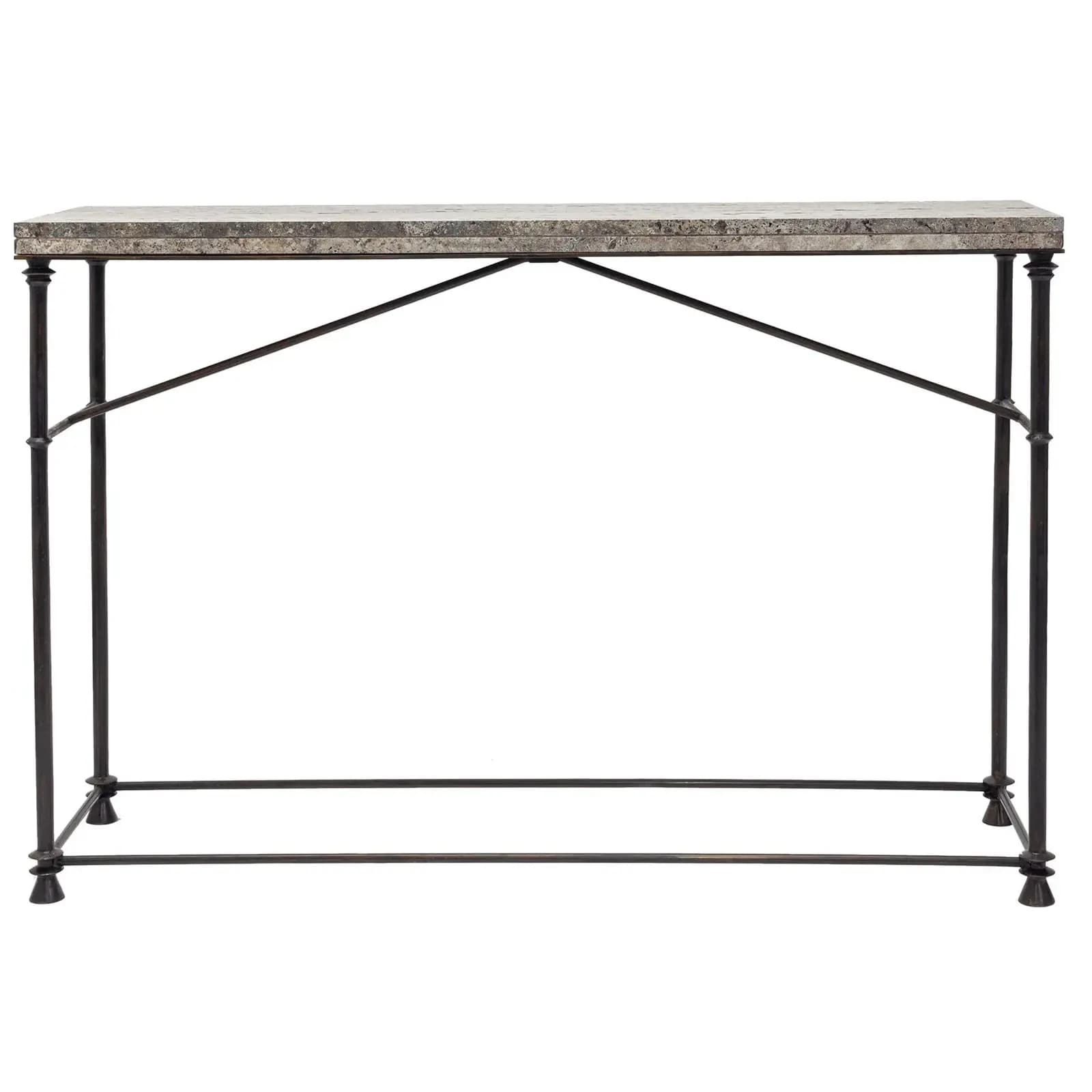 A long and narrow console table featuring a grey speckled stone top and a slender, dark metal, likely iron, frame with minimalist cross-bracing and subtle decorative feet. — 3D model