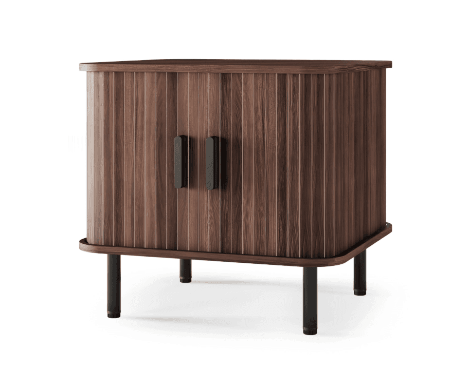 A compact cabinet with a fluted wooden exterior, featuring two dark, elongated handles on the front doors and standing on four slender, black metal legs. The overall design suggests a modern aesthetic with a focus on texture and form. — 3D model