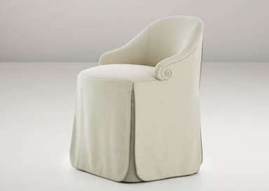 A fully upholstered accent chair featuring a barrel-back design and distinctive scrolled arms. The chair has a light beige or off-white fabric, and its base is covered by a full skirt, obscuring the legs. The overall aesthetic is traditional with refined details. — 3D model