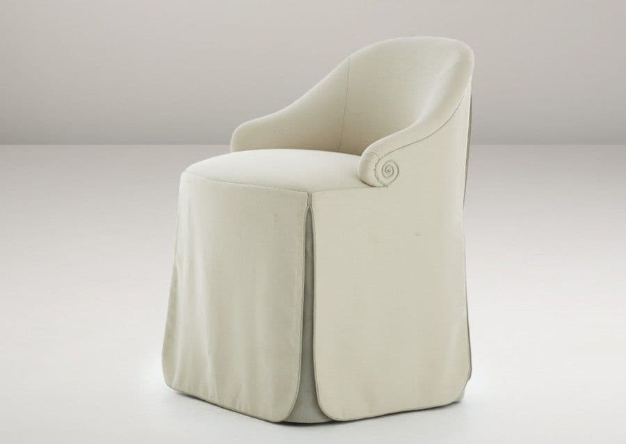 A fully upholstered accent chair featuring a barrel-back design and distinctive scrolled arms. The chair has a light beige or off-white fabric, and its base is covered by a full skirt, obscuring the legs. The overall aesthetic is traditional with refined details. — 3D model