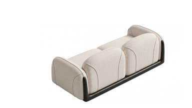 A modern two-seater sofa featuring light-colored fabric upholstery, rounded profiles, and distinctive dark accent panels on the exterior of its armrests. — 3D model