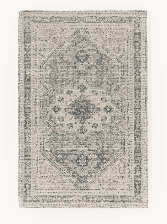 A rectangular rug with a traditional, distressed Persian-inspired pattern. The central medallion features intricate floral motifs, enclosed by multiple borders with geometric and floral elements. The color palette is muted, with shades of beige, cream, and dark teal or grey. — 3D model