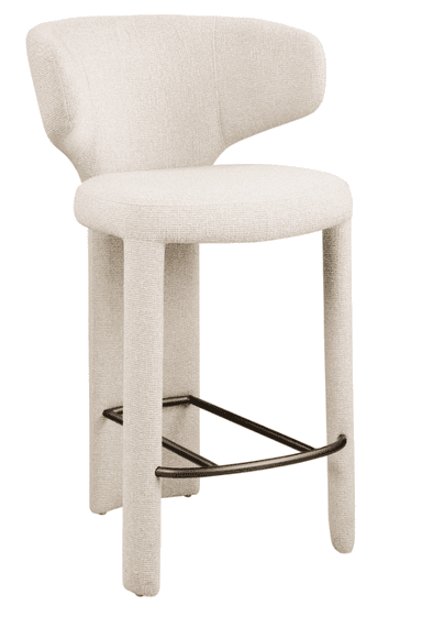 A contemporary upholstered bar stool with a distinctive curved backrest and a dark metal footrest, covered in a cream-colored textured fabric. — 3D model