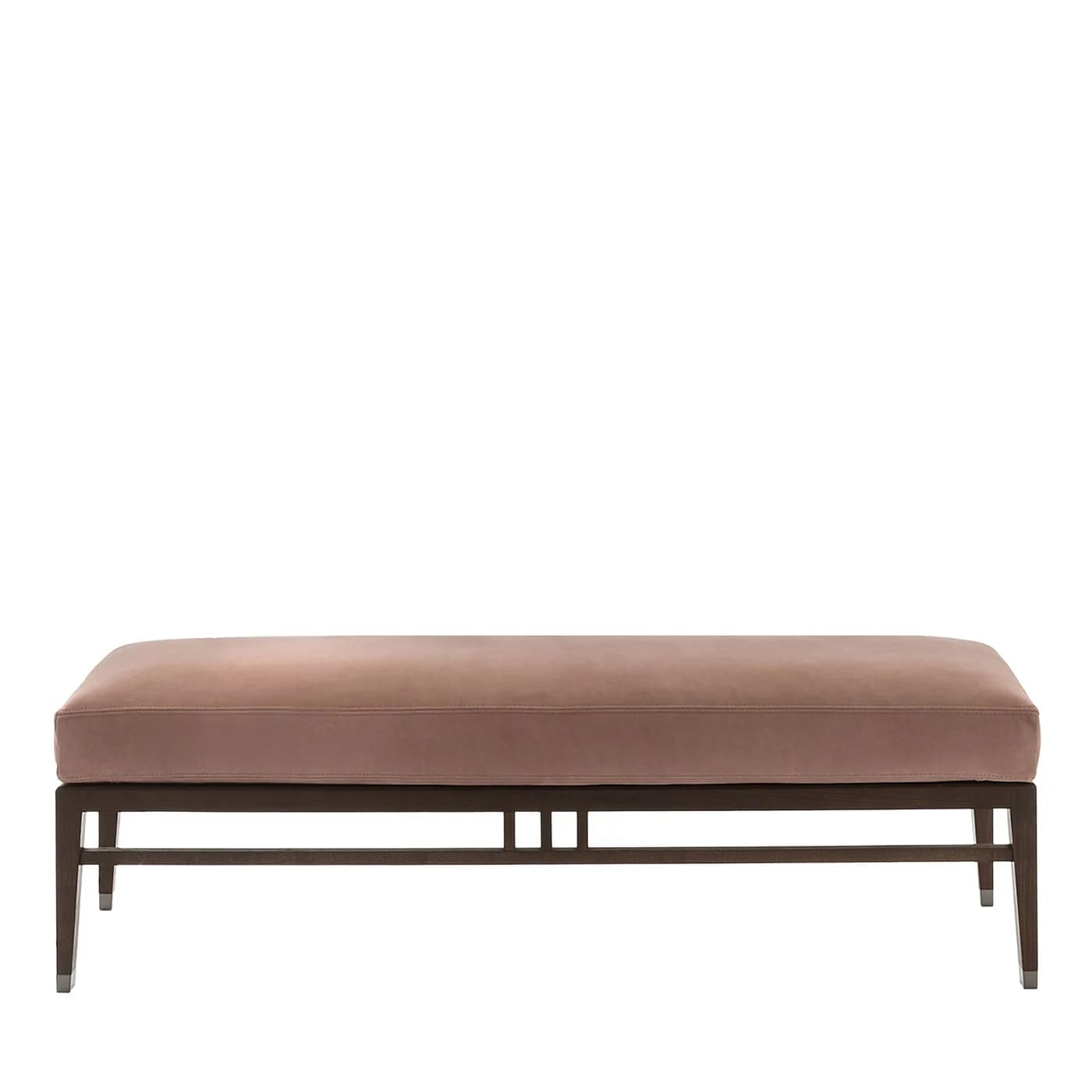 A contemporary rectangular bench with a dusty rose upholstered seat and a dark brown wooden frame. The frame features clean lines, straight legs, and a lower stretcher with geometric cutout detailing. Each leg is capped with a metallic accent. — 3D model