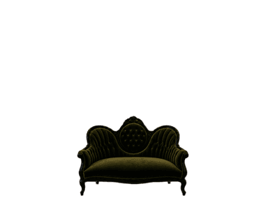 A vintage-style sofa with a dark wooden frame and plush green velvet upholstery. The sofa features intricate carvings on the wooden elements, button tufting on the backrest, and a curved silhouette with rolled arms. It has a distinct Victorian or Rococo influence. — 3D model