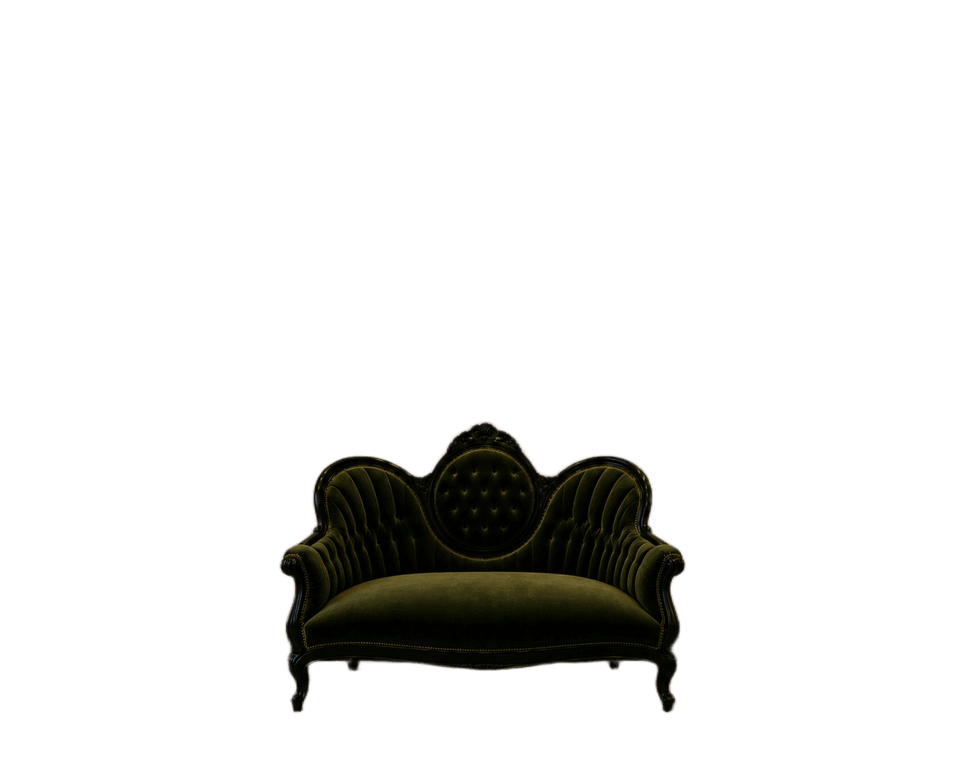 A vintage-style sofa with a dark wooden frame and plush green velvet upholstery. The sofa features intricate carvings on the wooden elements, button tufting on the backrest, and a curved silhouette with rolled arms. It has a distinct Victorian or Rococo influence. — 3D model