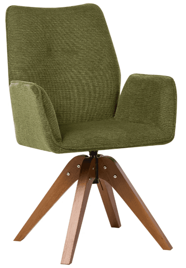 A modern swivel armchair featuring an upholstered olive green fabric seat and backrest with integrated armrests. The chair is supported by a splayed four-leg wooden base with visible metal hardware, allowing the seat to swivel. — 3D model