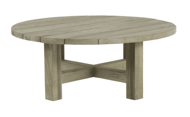 A round coffee table with a slatted top and a sturdy, minimalist base. The base consists of four legs connected by two horizontal beams. The overall design suggests outdoor use due to the material and style. — 3D model