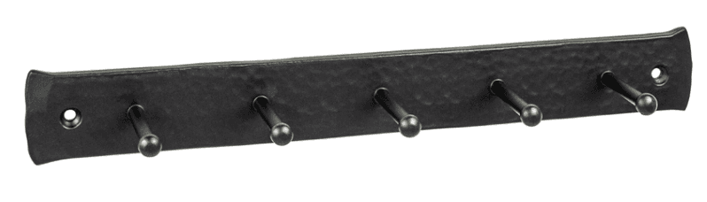 A horizontal, wall-mounted coat rack featuring a rectangular backplate with a hammered texture and five evenly spaced hooks with spherical tips. The piece is finished in a matte black and includes pre-drilled holes at each end for mounting. — 3D model
