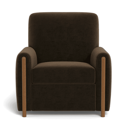 A single-seater armchair with a plush, dark brown upholstered body and wooden armrest supports. The armchair has a clean, modern design with rounded armrests that transition into vertical wooden dowels extending to the floor. — 3D model