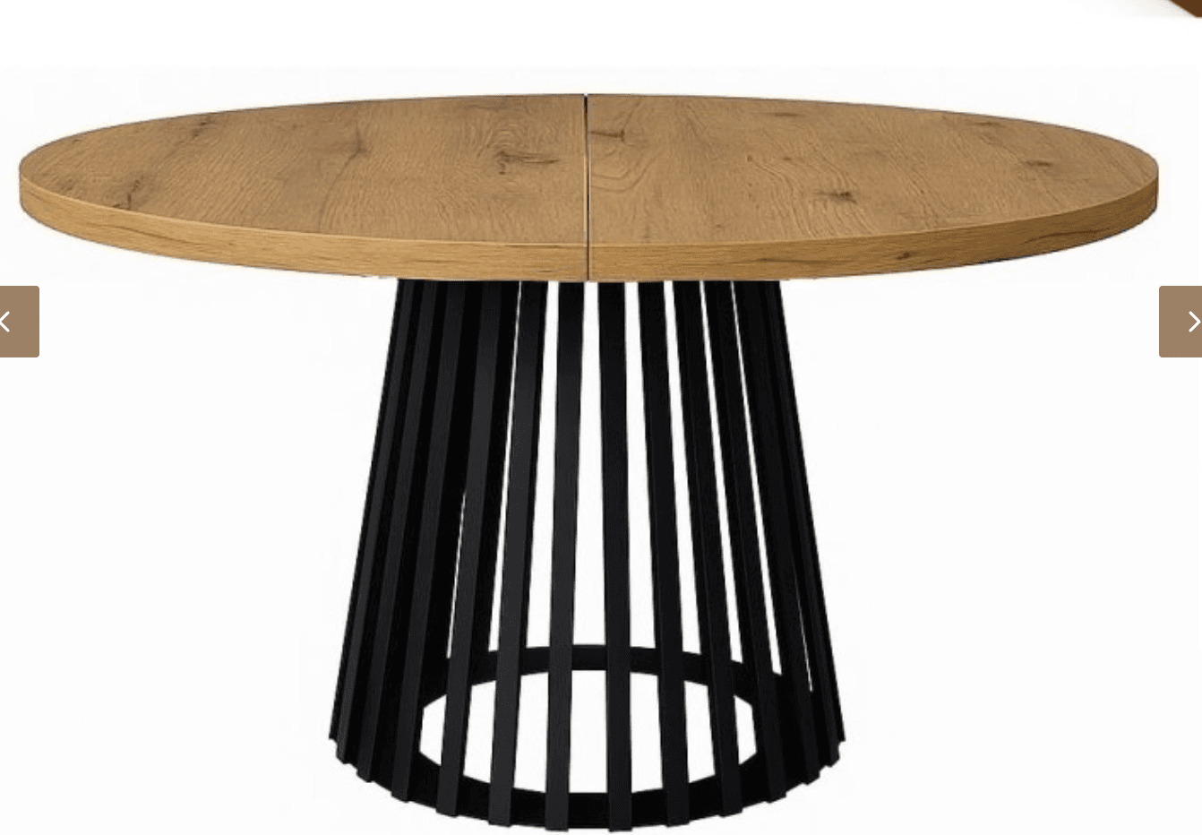 A round dining table with a natural wood veneer top and a distinctive conical base composed of vertical black metal slats. The tabletop appears to be made of two sections, suggesting it might be extendable or designed with a seam for aesthetic purposes. The base is wide at the bottom and tapers towards the tabletop, creating a sculptural effect. — 3D model