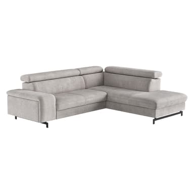 A modern L-shaped sectional sofa upholstered in a light grey textured fabric. It features a clean-lined design, adjustable headrests, and rests on sleek, low-profile black metal legs. The chaise lounge extends from the right side, offering ample seating and lounging space. — 3D model