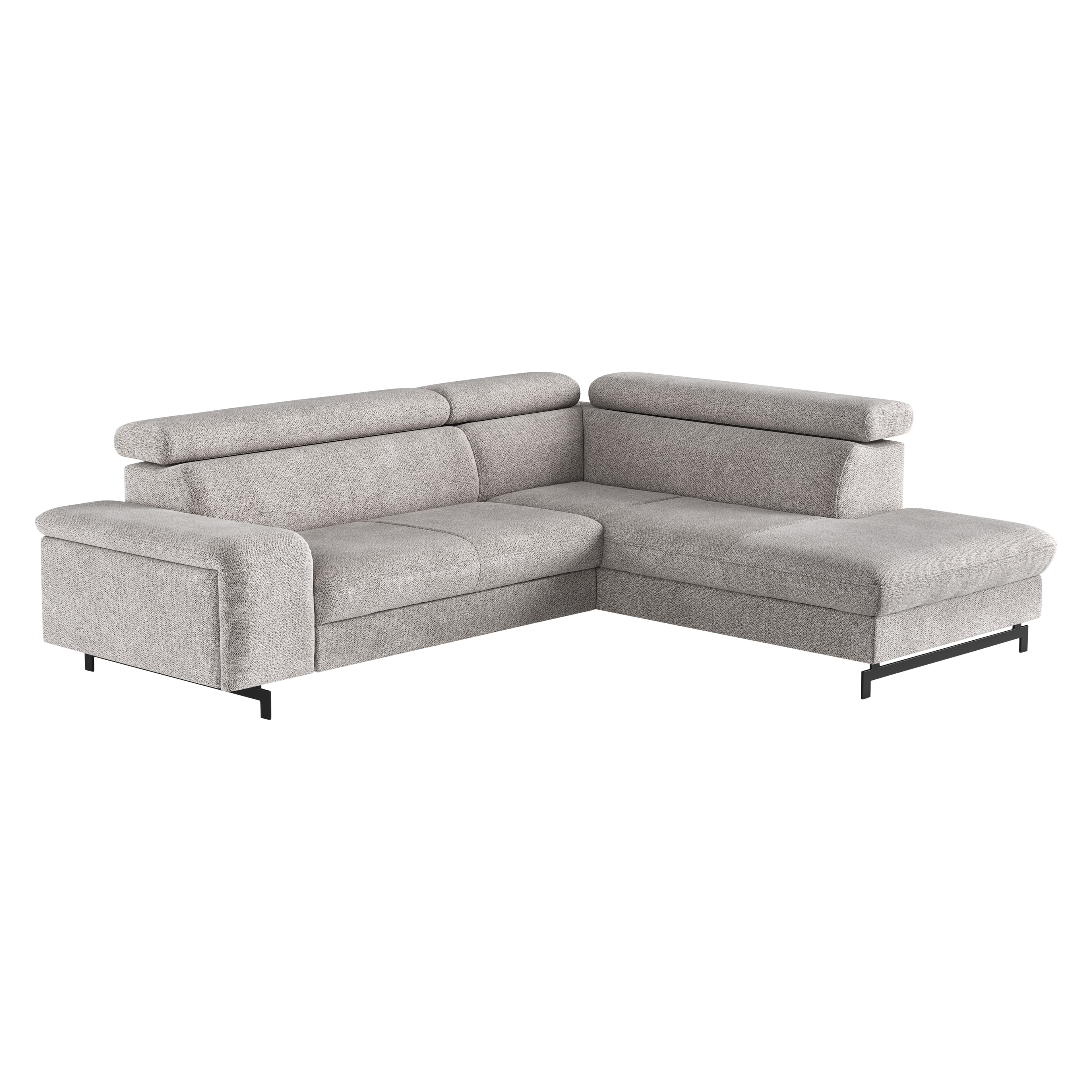 A modern L-shaped sectional sofa upholstered in a light grey textured fabric. It features a clean-lined design, adjustable headrests, and rests on sleek, low-profile black metal legs. The chaise lounge extends from the right side, offering ample seating and lounging space. — 3D model