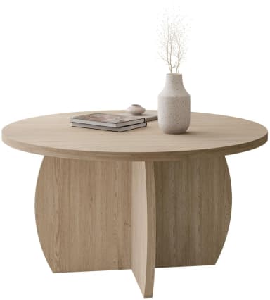 A contemporary round coffee table crafted from light-toned wood, featuring a circular tabletop and a distinctive segmented pedestal base. The base is composed of four curved, vertical panels that converge towards the center, providing a sturdy and visually appealing support structure. The wood exhibits a clear, natural grain, suggesting a light oak or similar species. The design is minimalist and modern, suitable for various interior settings. — 3D model