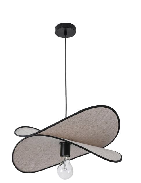 A modern sculptural pendant light featuring a wavy, light beige textile shade with black trim, suspended by a black cord from a matte black ceiling canopy, and illuminating a single exposed clear bulb. — 3D model