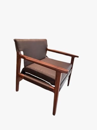 A mid-century modern armchair featuring a solid dark wood frame and dark brown leather upholstery. The chair has a minimalist design with straight lines, exposed wooden armrests, and subtly tapered legs. It includes separate seat and back cushions for comfort. — 3D model